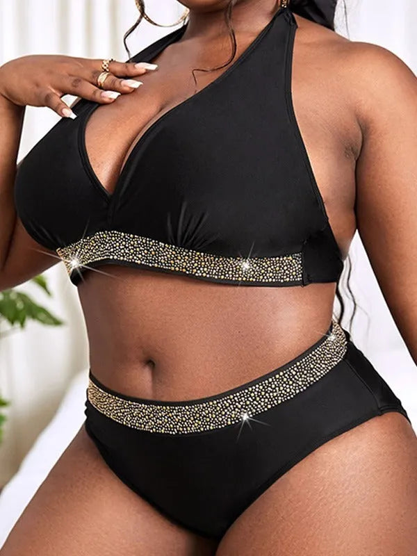 Black plus size women's bikini set with bra and shorts for swimming and sports