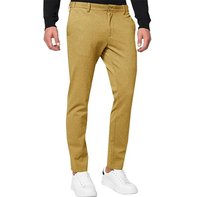 Men's slim-fit tapered chino trousers in army green colour with British style casual design