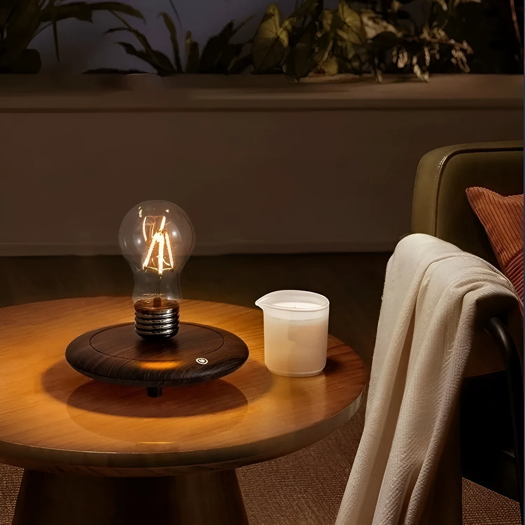 Suspension bulb creative night lamp with iron art construction on black wood grain desktop base