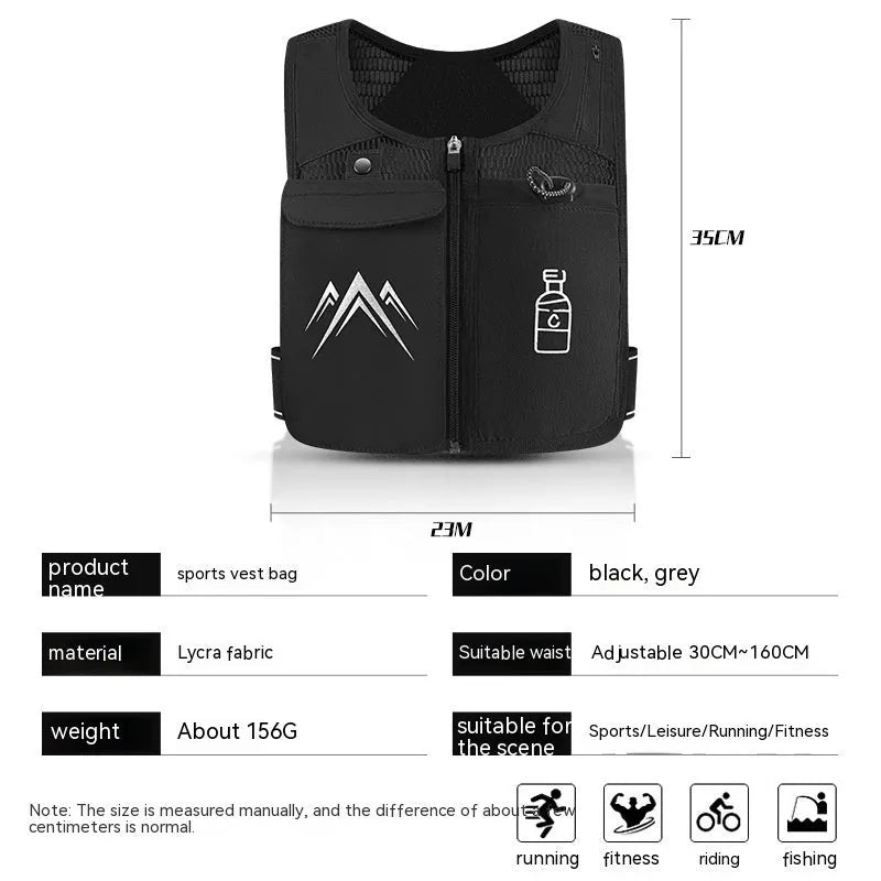 Breathable grey sports running vest with a front mobile phone pouch and a separate black water bottle bag.