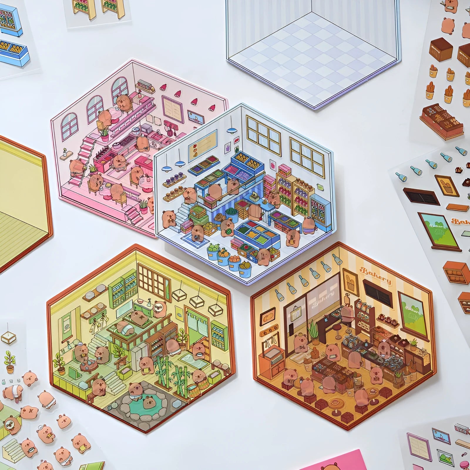 Capabala cut-free three-dimensional cartoon landscape stickers in eight colours for cash register decoration