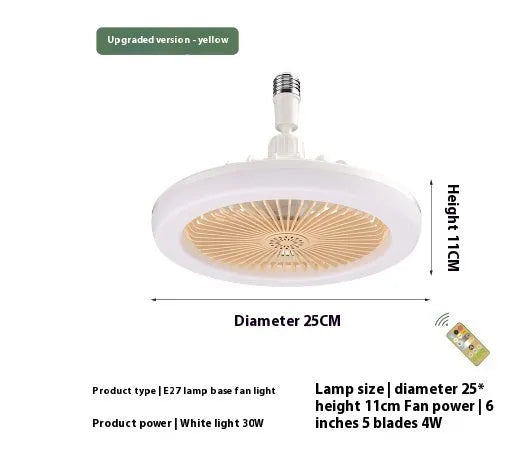 26cm round remote control ceiling fan with E27 30W LED lamp, plastic blades and shade, modern minimalist style