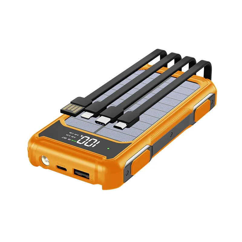 Black, green, and orange coloured large capacity mobile power bank showing size comparison.