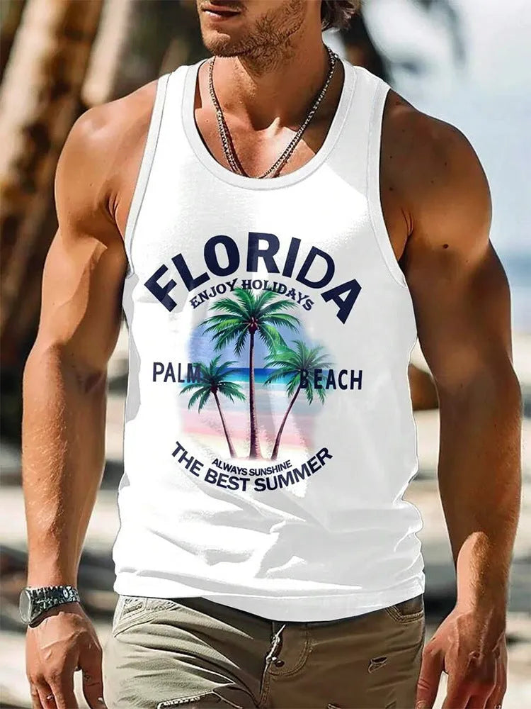 Men's 3D printed Hawaiian-style sleeveless vest t-shirt in polyester fabric