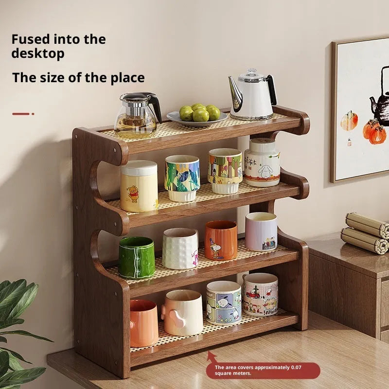 Multi-functional 4-layer desktop storage rack with arc cup holder in bamboo density plate, modern simplicity style