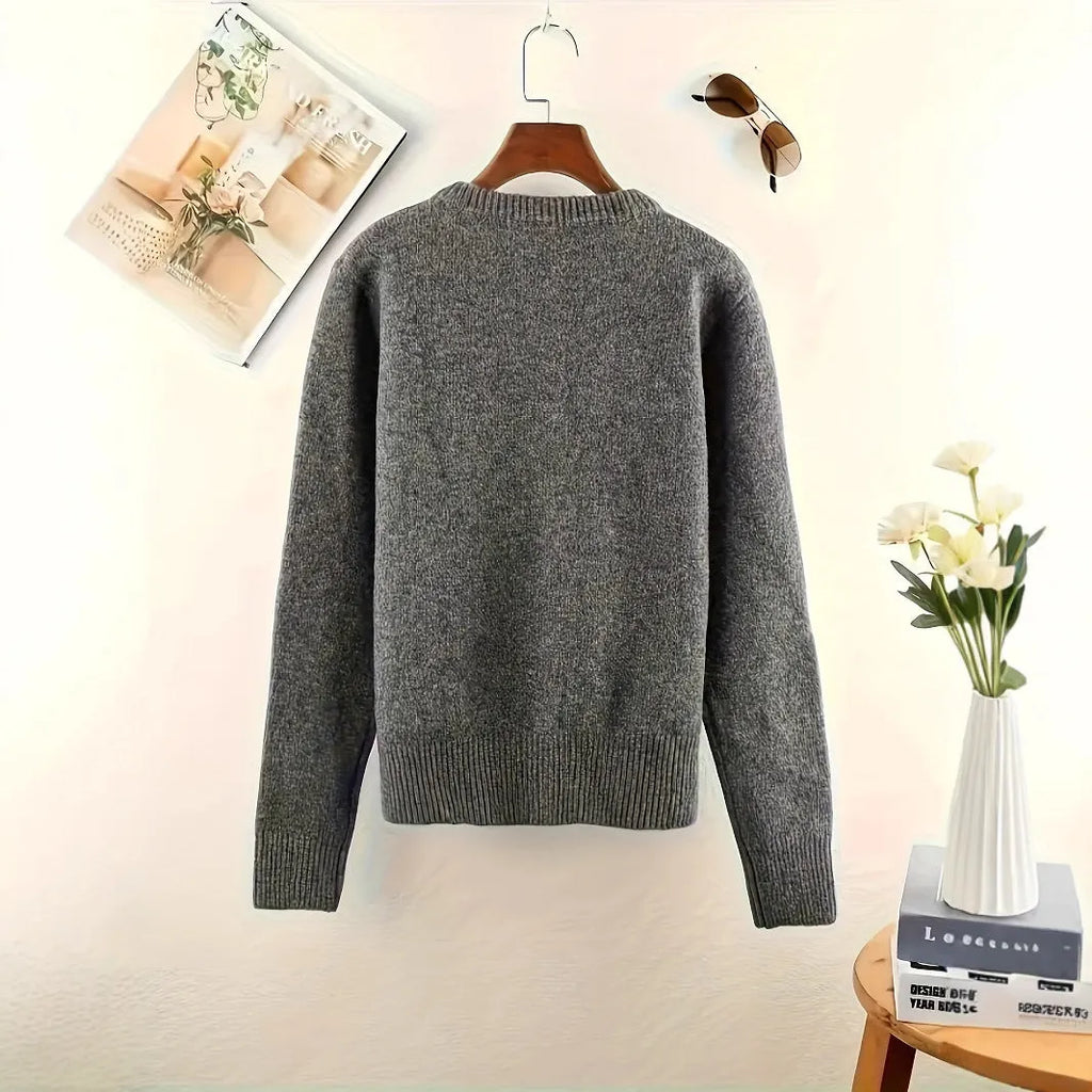 Dark grey women's cardigan sweater with button front and long sleeves
