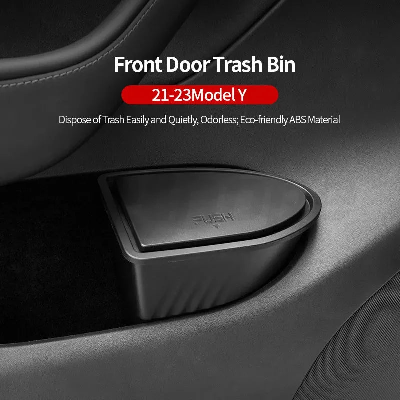 Black car door storage boxes for Tesla Model Y front doors, waterproof ABS construction
