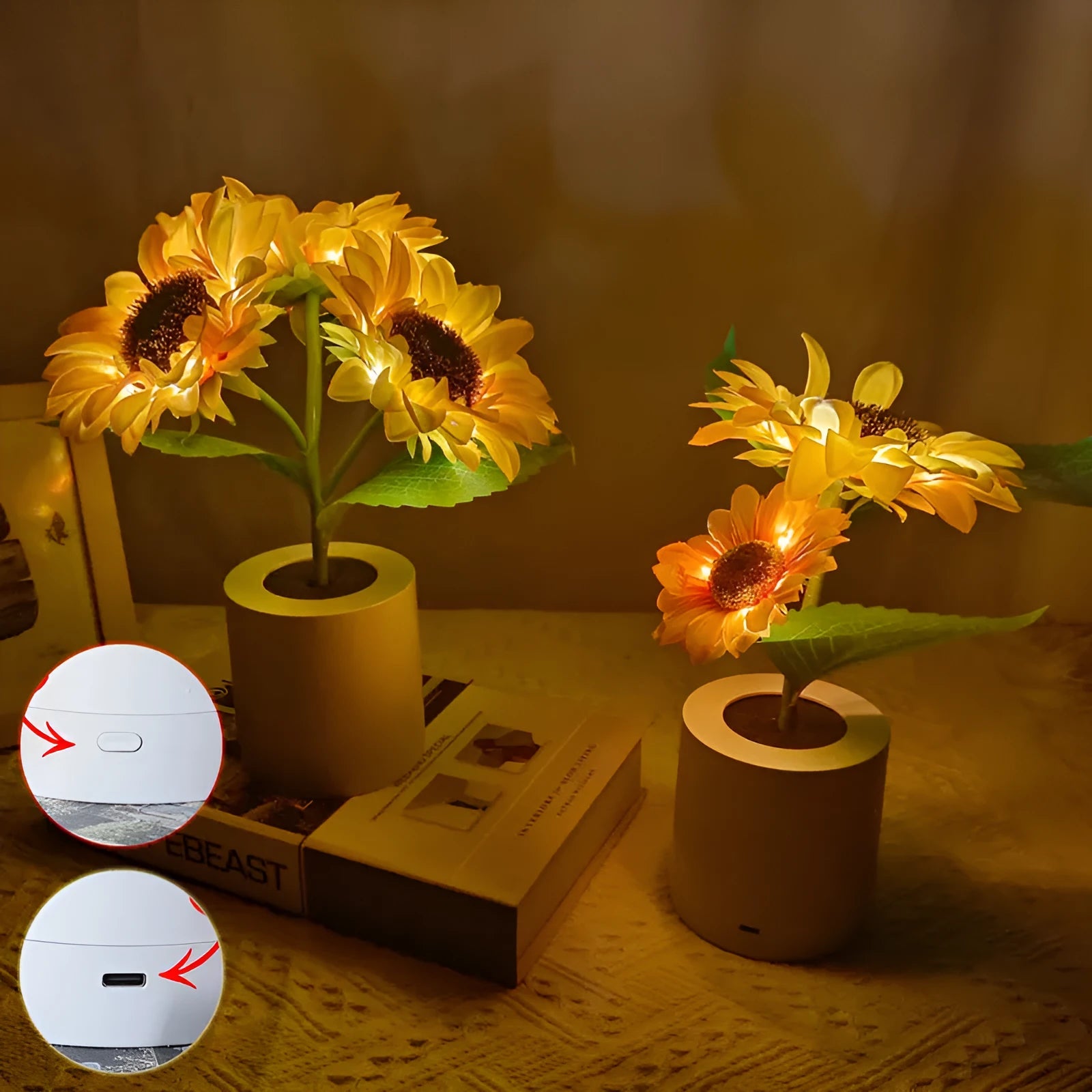 Rechargeable sunflower simulation LED night light table lamp with artificial flowers on a wooden table