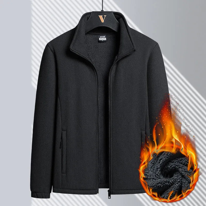 Men's thick grey Berber fleece cardigan coat with stand-up collar and zippered pockets.