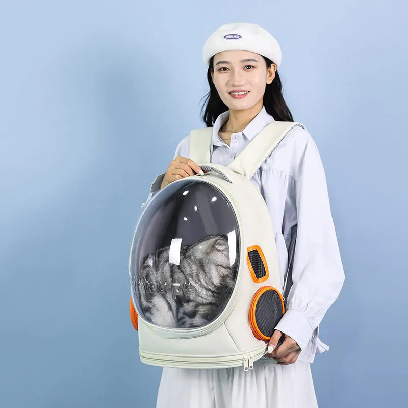 PVC space capsule cat backpack in solid colour, large capacity, breathable design for pet travel