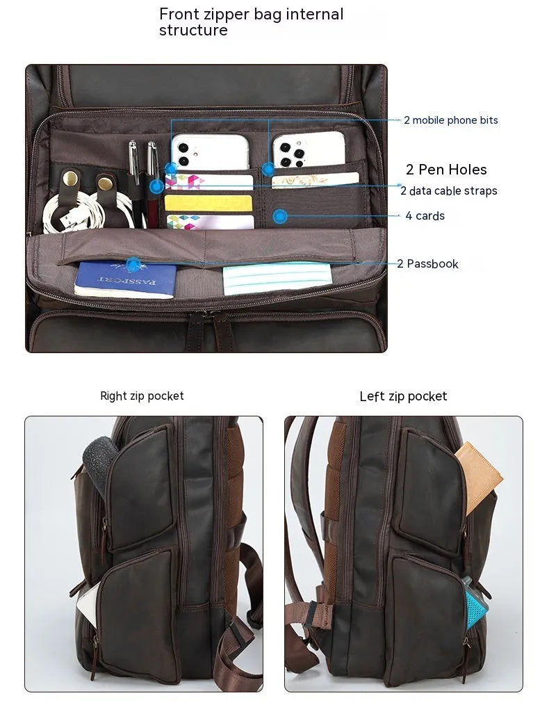 Dark brown genuine leather 17-inch laptop backpack with double straps and multiple pockets.