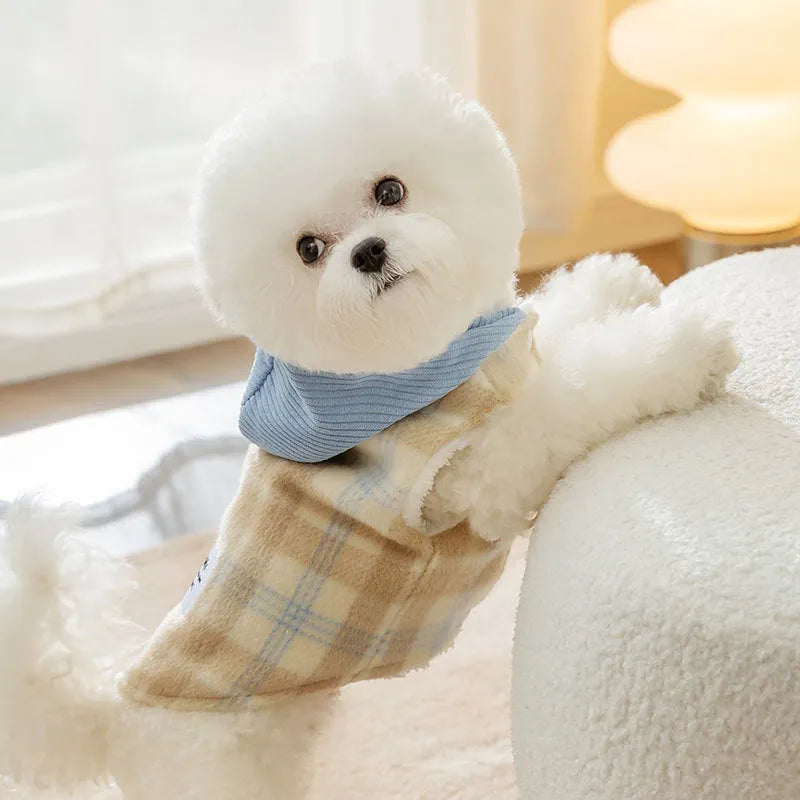 Blue corduroy pet hooded vest with chessboard grid pattern showing hood and traction design