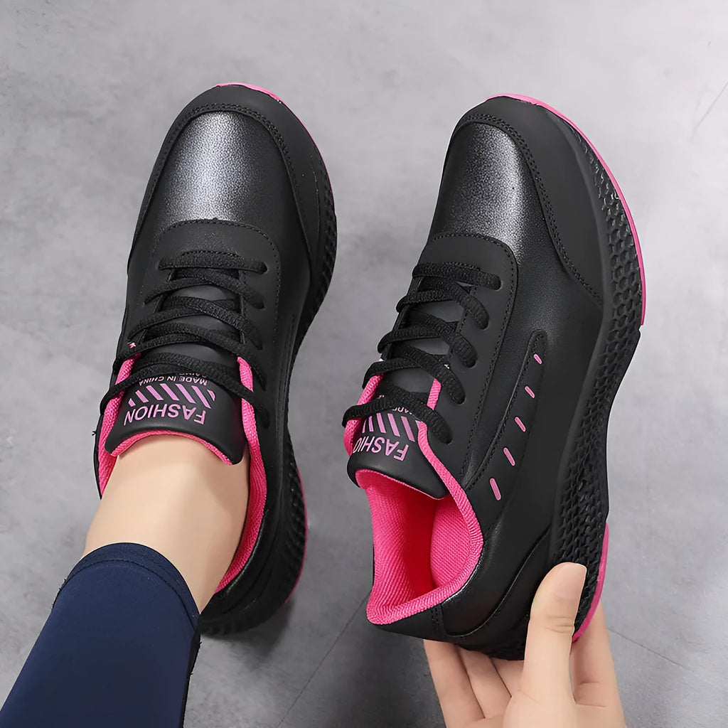 Women's PU leather casual sneakers with round toe and flat heel, solid colour low top design