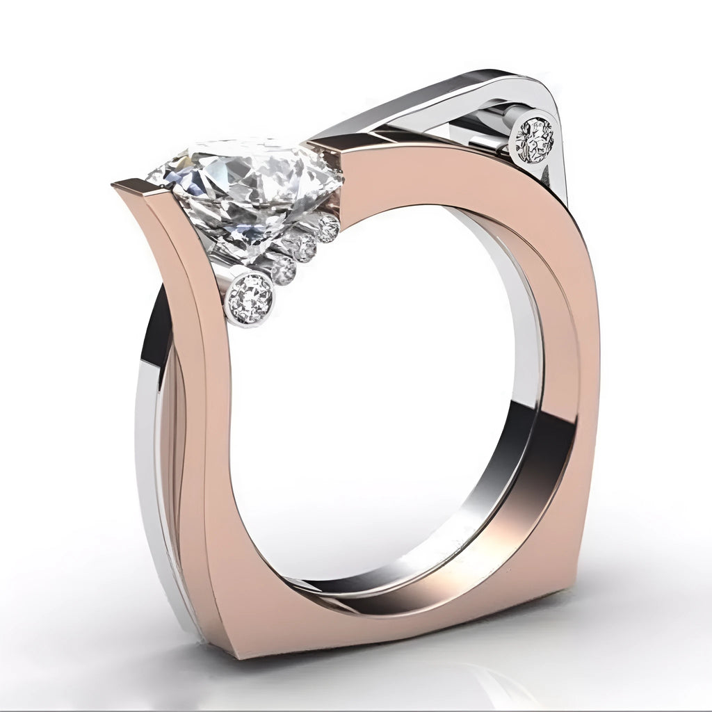 Women's geometric couple ring with inlaid zircon stone in electroplated rose gold on a grey background.