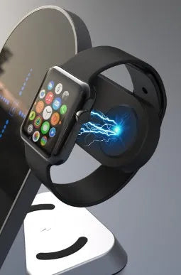 Black multifunctional alarm clock with digital display and wireless charging pad for smartphone, Apple Watch, and earphones.