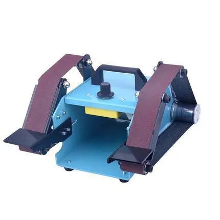 Blue desktop dual-axis belt sander with two sanding heads for knife sharpening