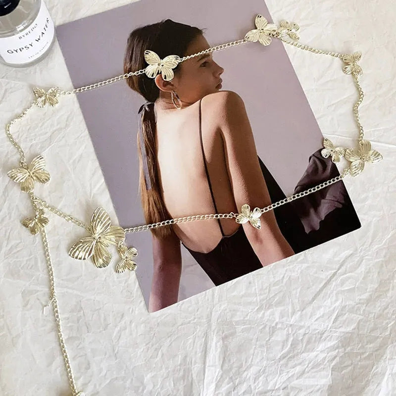 Golden butterfly waist chain accessory 104cm length alloy retro style women jewellery