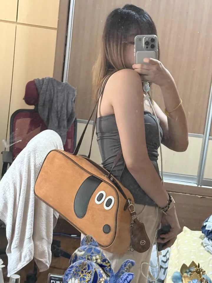 Virtue Pull sausage dog crossbody shoulder bag in toast brown colour, cotton material, large capacity, zipper closure.