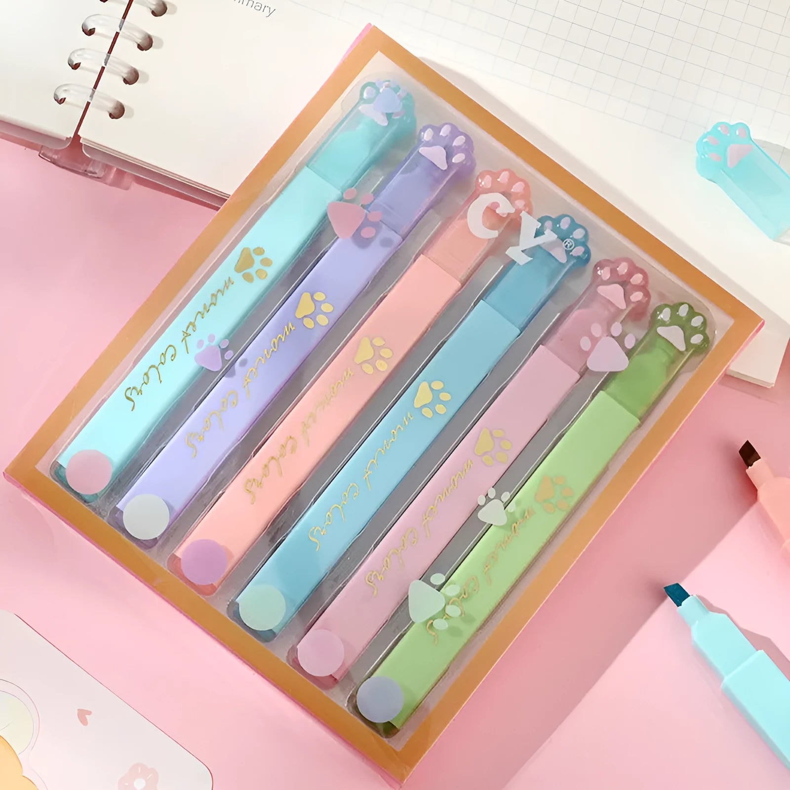 Cat's Paw fluorescent marking pen set showing six coloured pens with oblique nibs in a gift box.