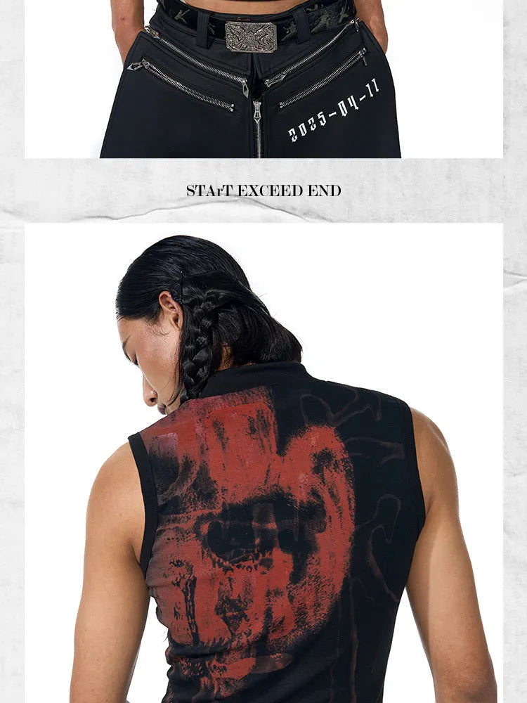 Black half turtleneck sleeveless T-shirt with character print in slim fit design