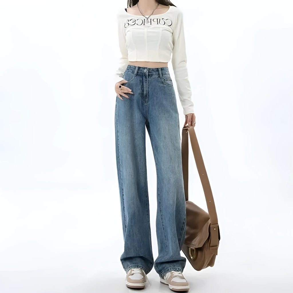 Women's retro blue wide leg jeans with high waist and straight leg design on hanger