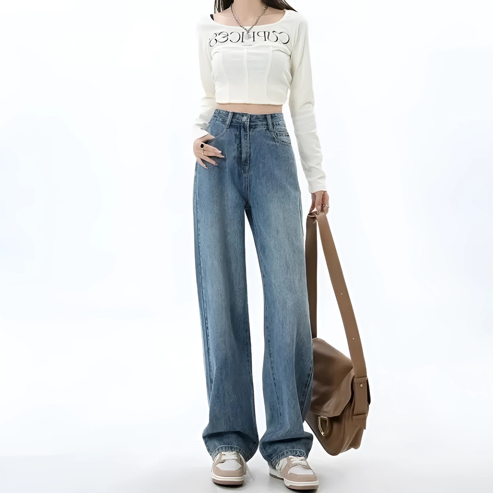 Women's retro blue wide leg jeans with high waist and straight leg design on hanger