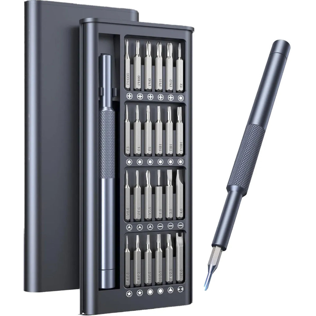 25-in-one magnetic screwdriver set with chrome vanadium bits and two black knurled handles.