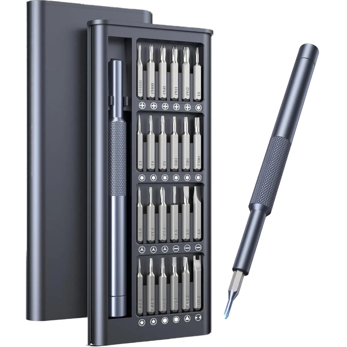 25-in-one magnetic screwdriver set with chrome vanadium bits and two black knurled handles.