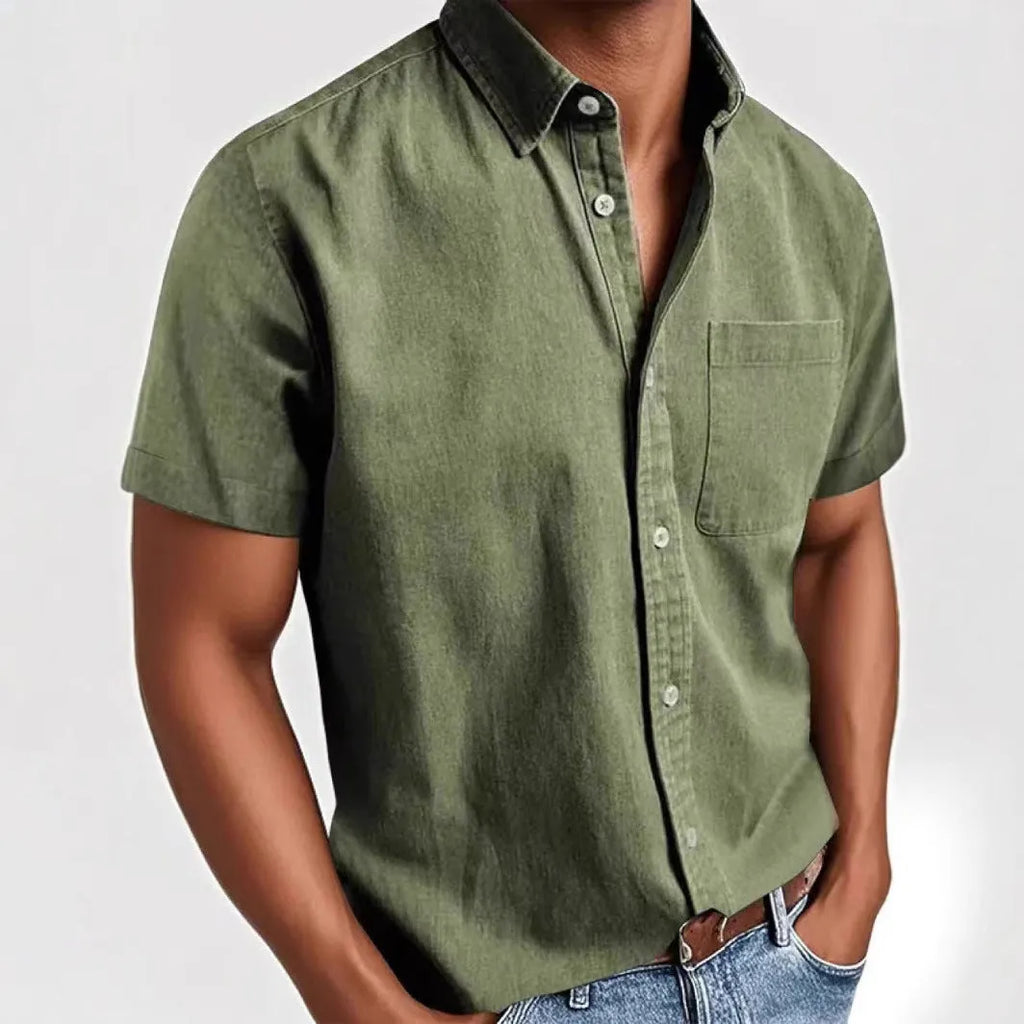 Men's single-breasted short sleeve casual shirt in cotton blend fabric, loose fit, multiple colour options