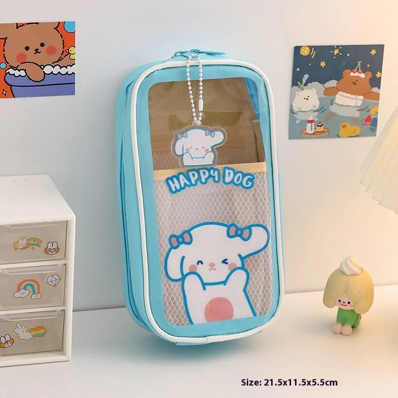 Transparent PVC pencil case with cartoon design options including caramel bear, pink floral rabbit, and water blue happy dog patterns