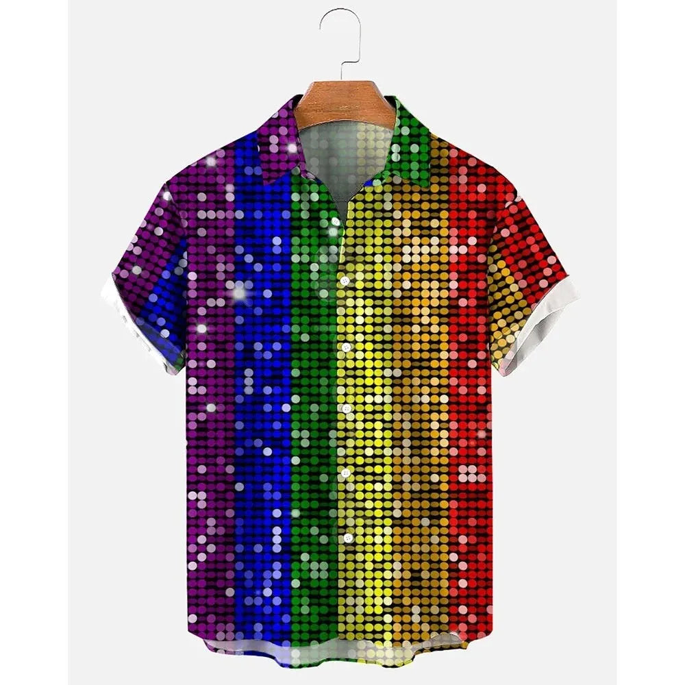 Men's striped Hawaiian casual shirt with button front and short sleeves in elastic band fabric