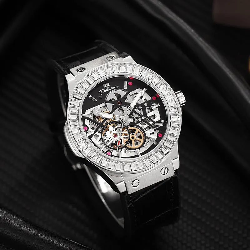 Men's automatic mechanical watch with diamond-studded hollow dial in white shell case