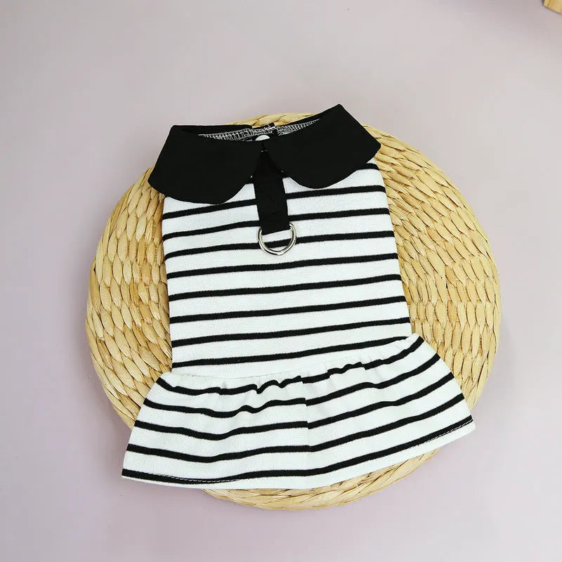 Striped cotton t-shirt and skirt set for dogs or cats on a mannequin, showing casual summer pet clothing.