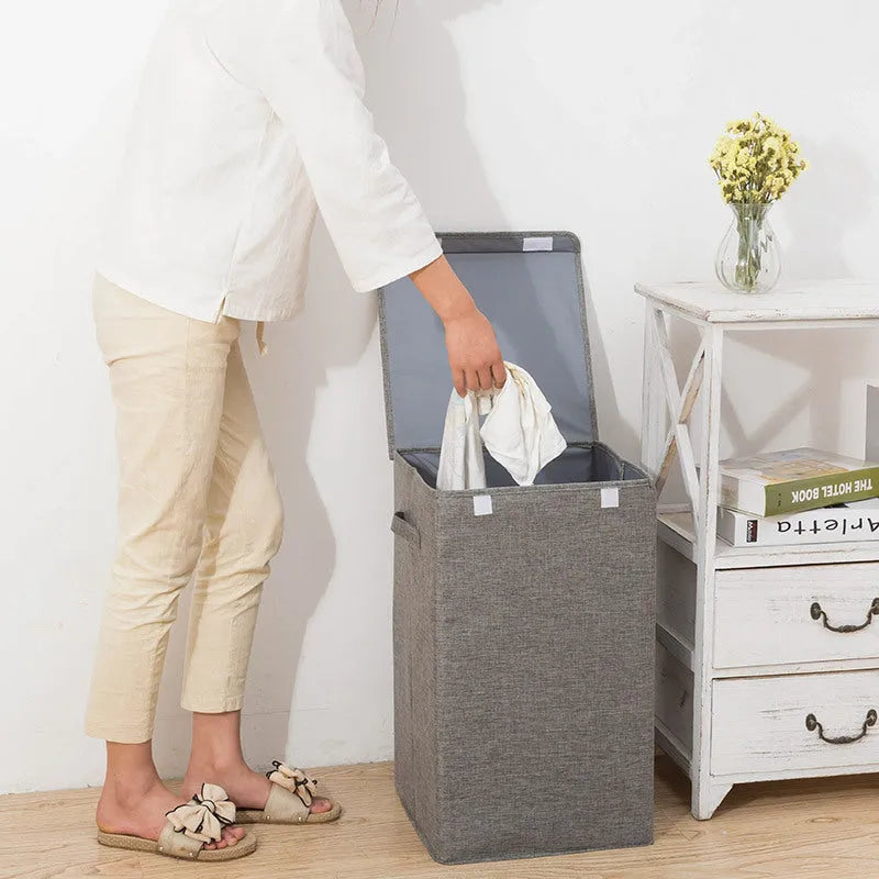 Grey foldable storage basket with three-dimensional design showing cotton linen fabric texture