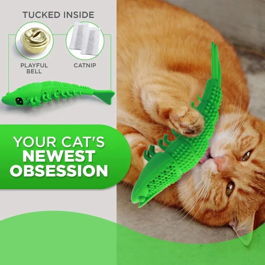 Blue hard rubber cat dental toy with textured teeth cleaning surface