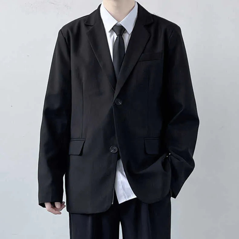 Men's plus size college style suit jacket set with matching trousers, white shirt and tie
