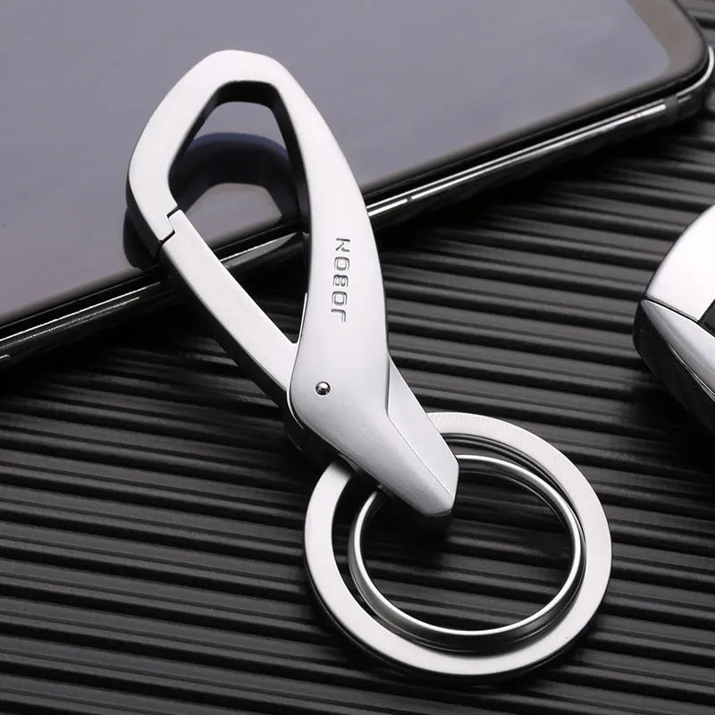 Zinc alloy car key waist hanging double ring keychain in black, chrome, or nickel colour showing 8.3cm x 3.5cm dimensions