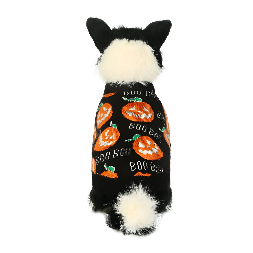 Black dog sweater with an orange pumpkin pattern for Halloween, shown on a model dog.