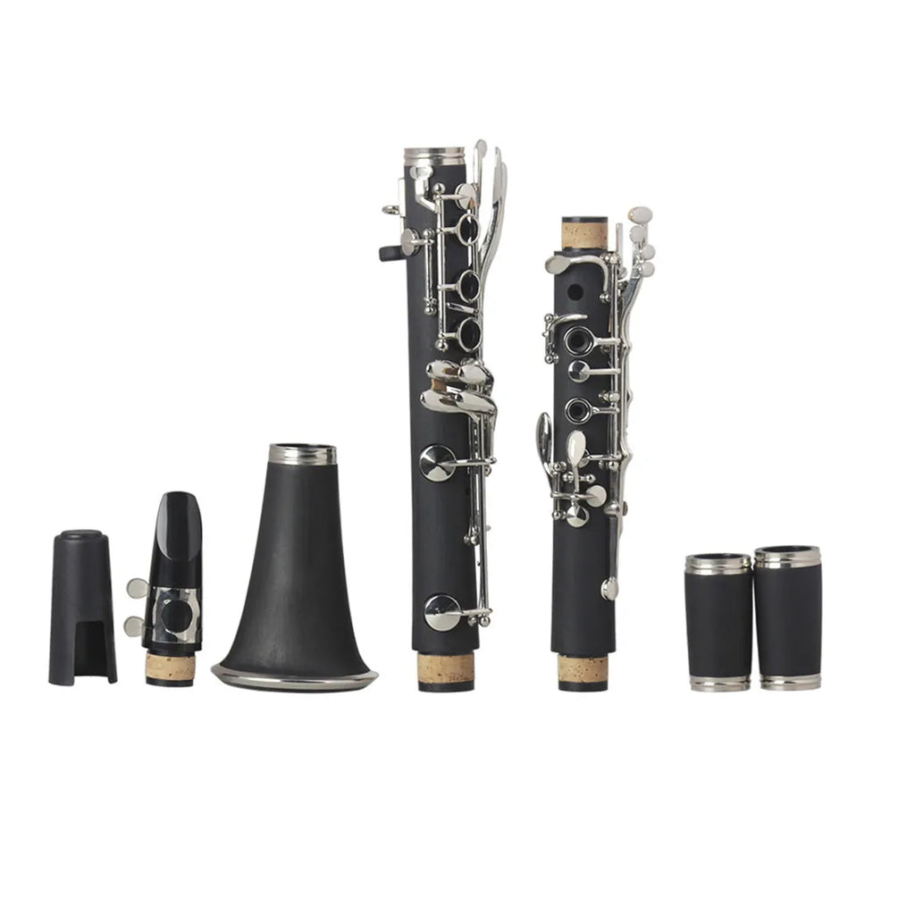 Black Bb clarinet with nickel-plated keys and included carry bag for beginner musicians