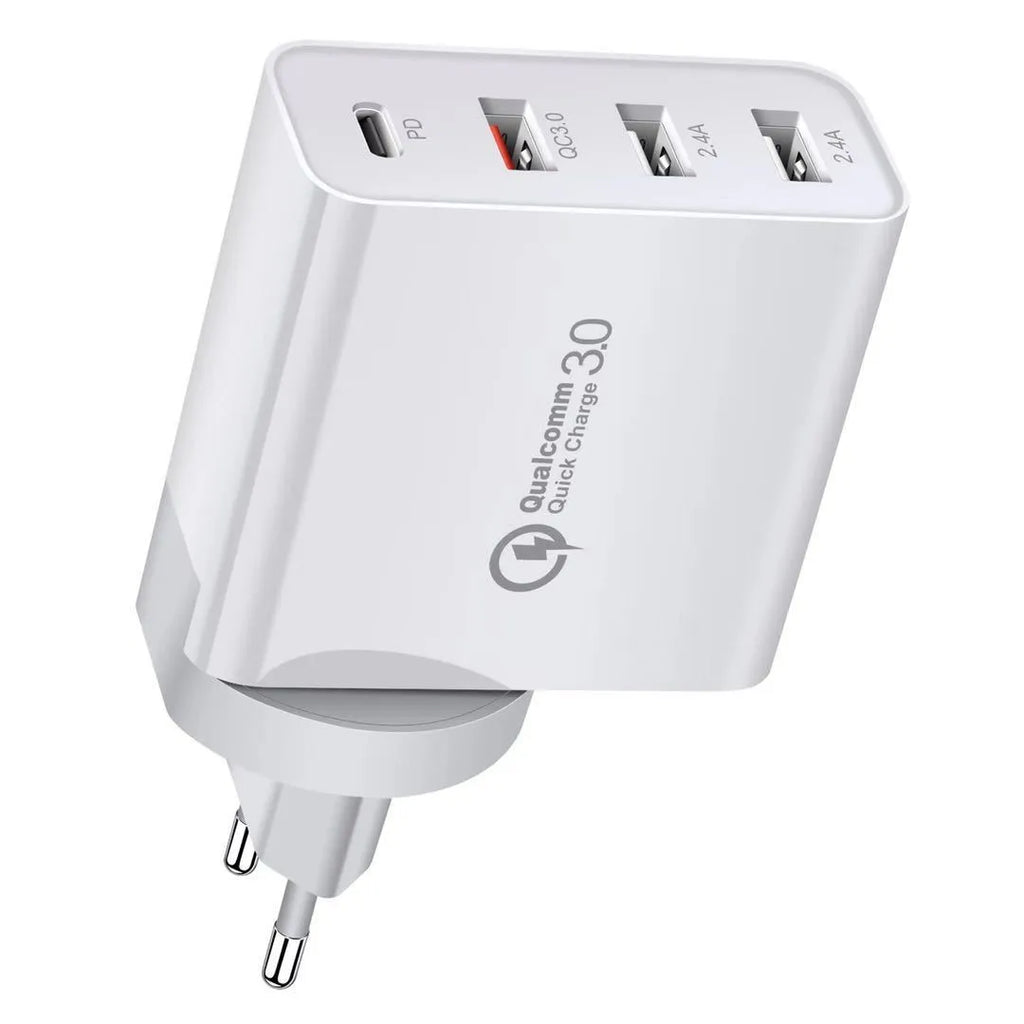 White multi-port fast charger with Power Delivery and Quick Charge support showing USB-C and USB-A ports