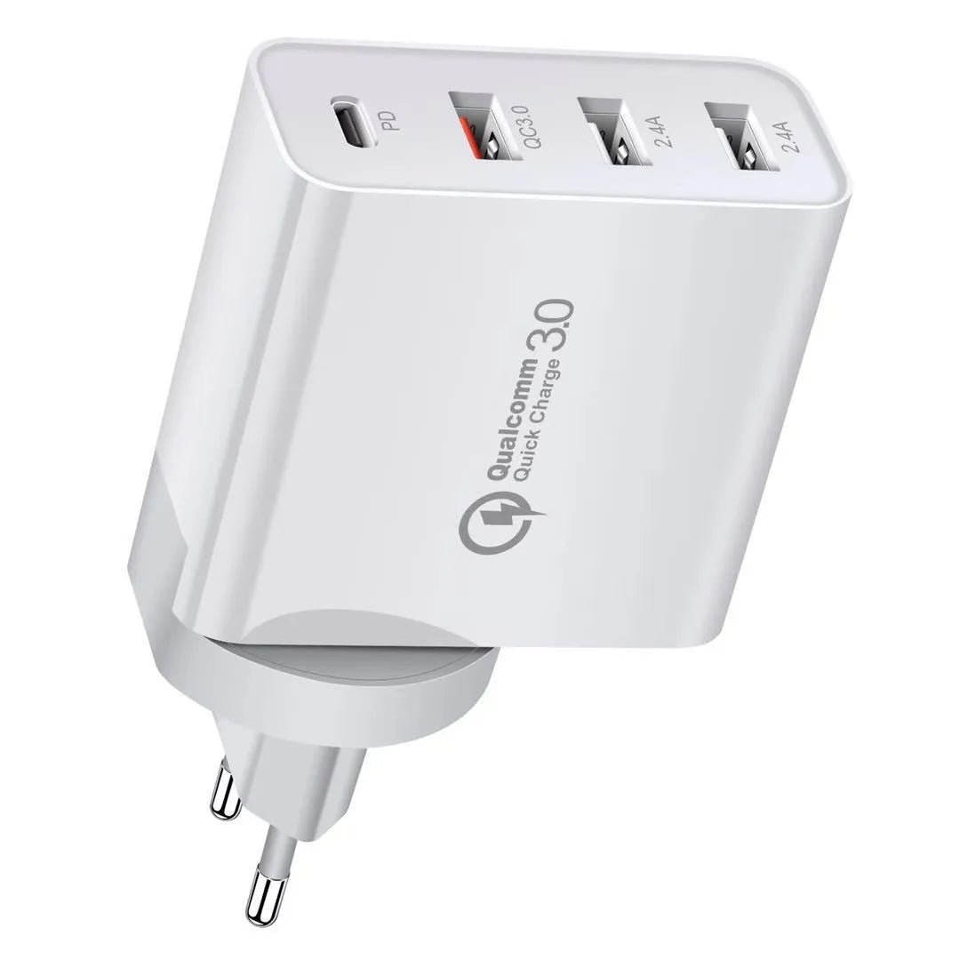 White multi-port fast charger with Power Delivery and Quick Charge support showing USB-C and USB-A ports