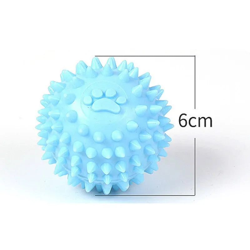 Blue TPR rubber dog chew toy with footprint texture for tooth cleaning, 6cm diameter