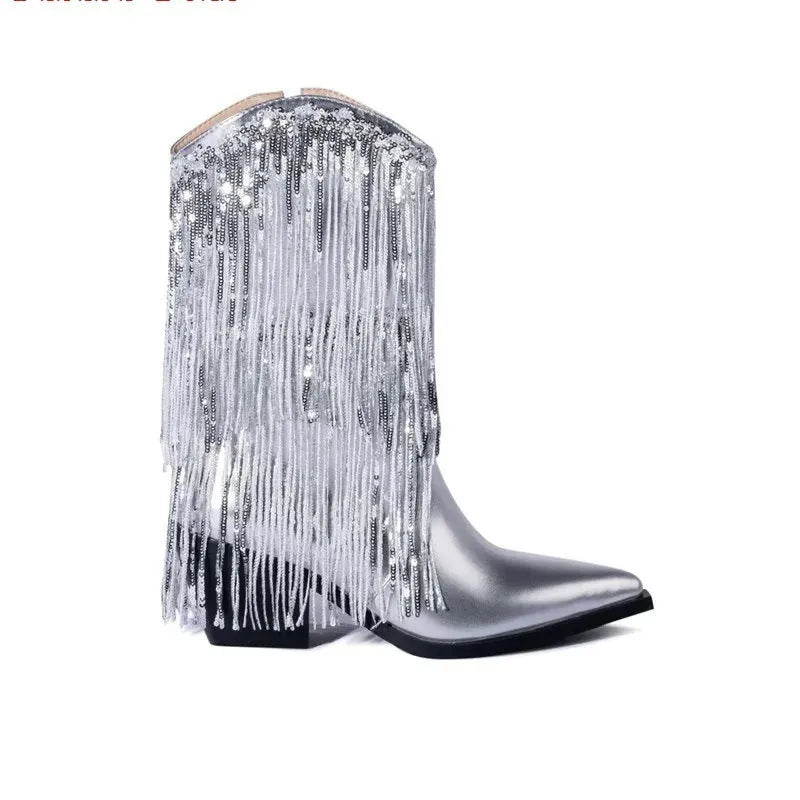 Women's black chunky heel tassel boot with a stiletto heel over 8cm and a mid-calf PU upper.