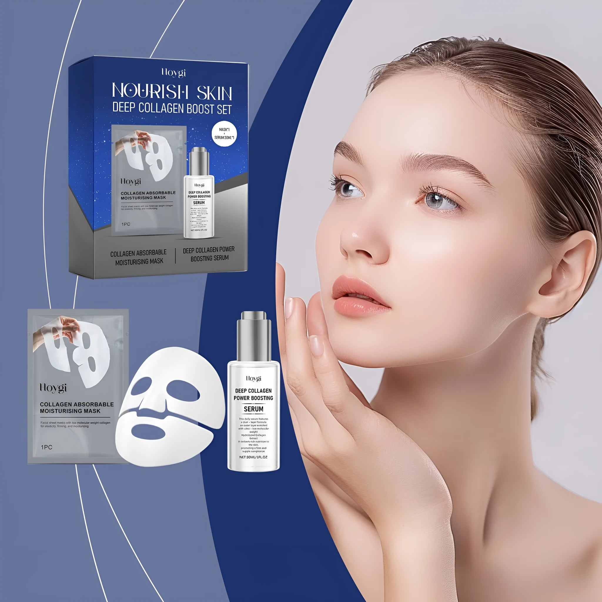 Collagen moisturising skincare set with a facial mask and a 30ML bottle of essence serum.