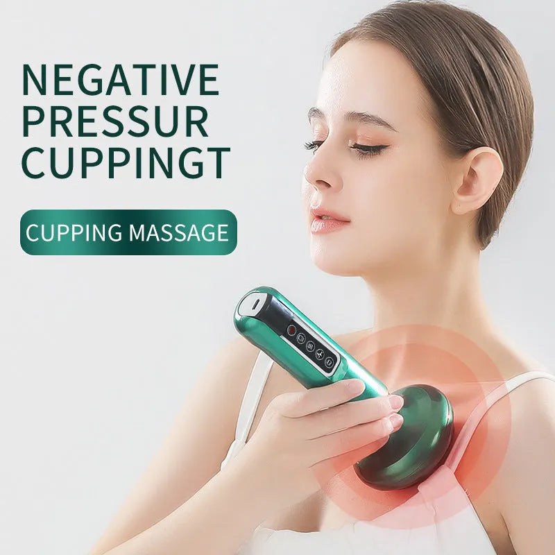 Green electric vacuum cupping massager with digital display and charging cable.