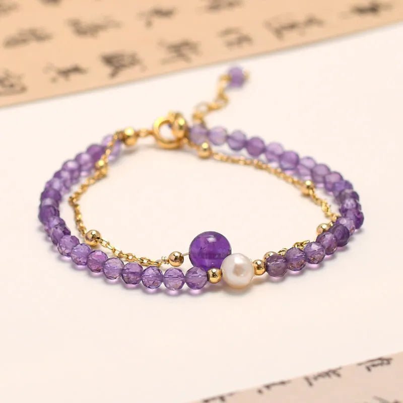 Amethyst-coloured Chinese style crystal bracelet with diamond-shaped electroplated beads for women