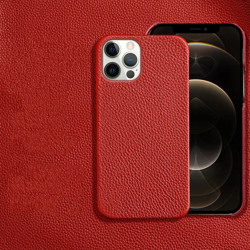 Brown genuine leather half-wrap protective case on an iPhone 14 Pro Max.