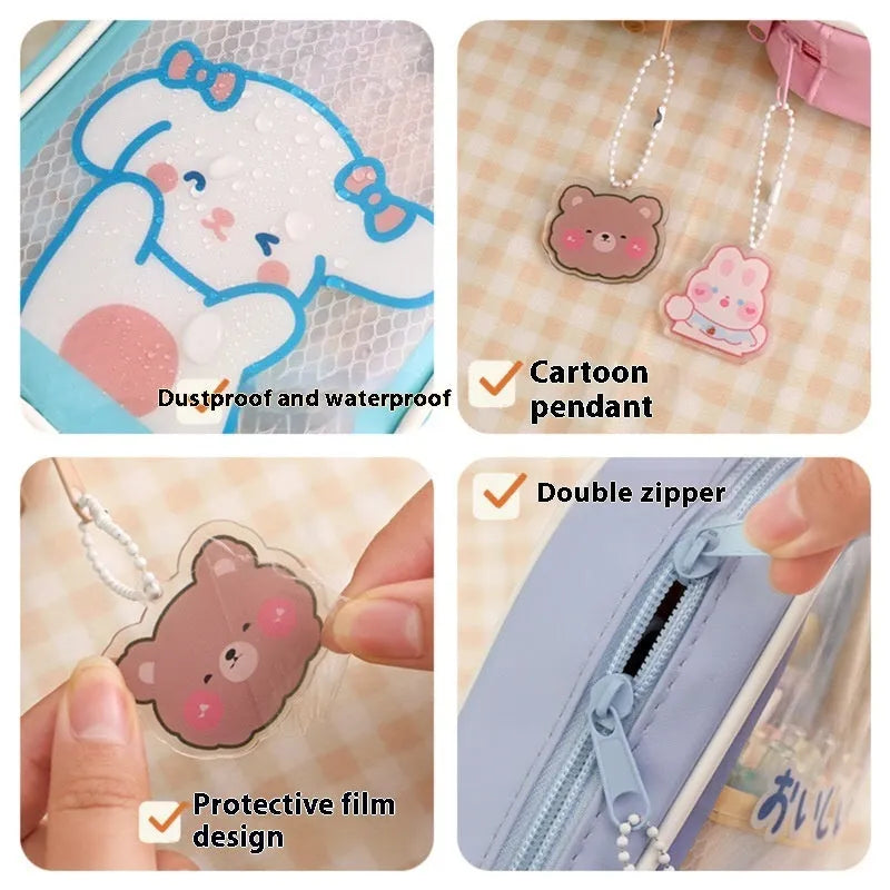 Transparent PVC pencil case with cartoon design options including caramel bear, pink floral rabbit, and water blue happy dog patterns