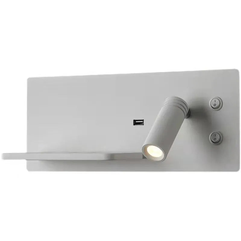 Modern bedside wall lamp with wireless charging base and warm LED light in iron shade