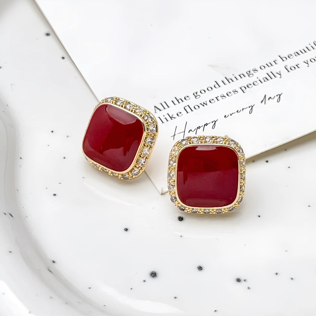 Geometric square alloy earrings with retro red colour for women